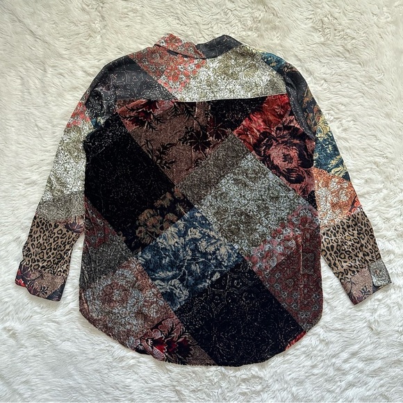 Johnny Was Workshop Top Mabel Printed Silk Button-Up Velvet Back Long Sleeve M - Picture 4 of 14